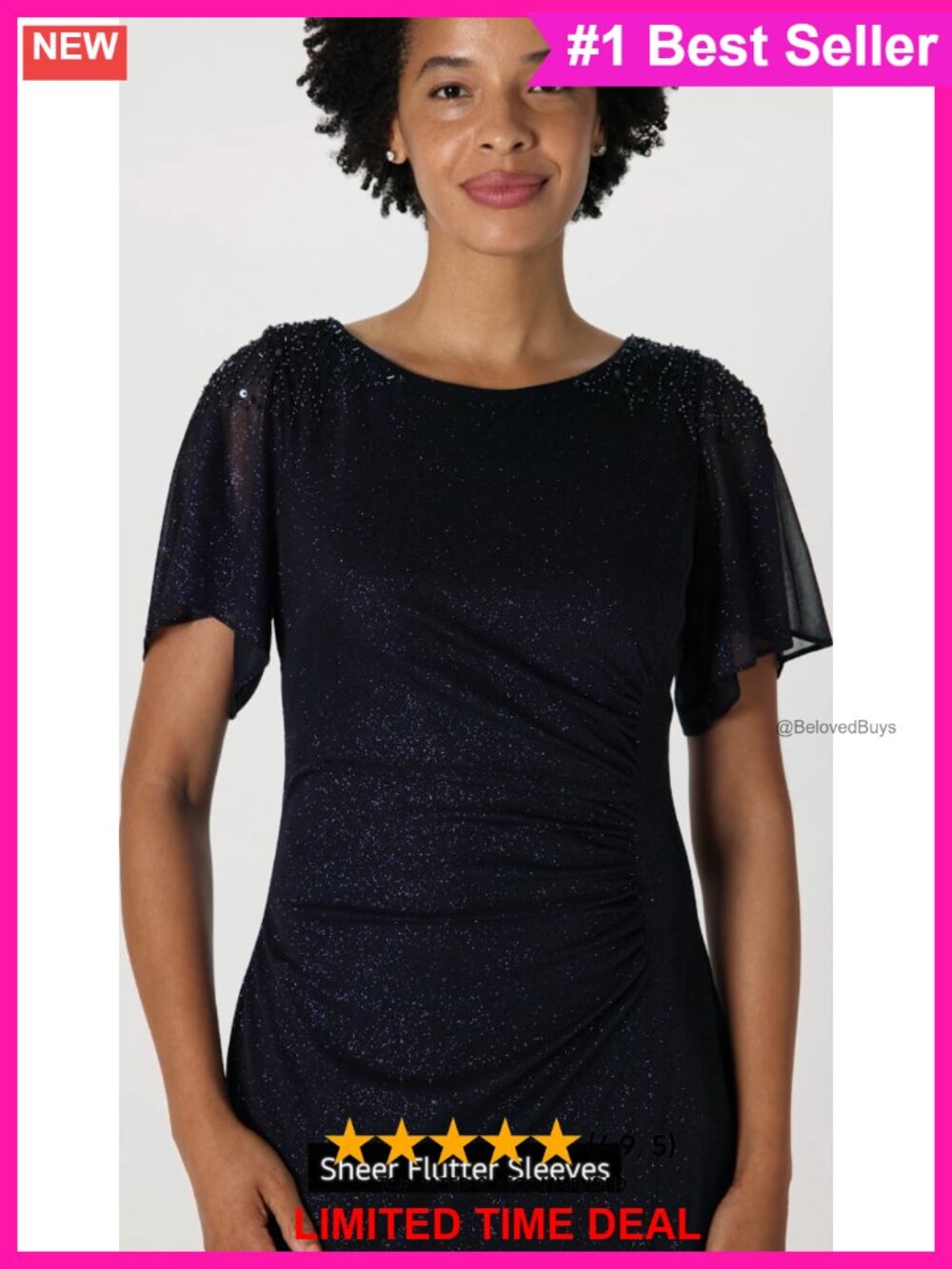 S.L. Fashions Glitter Mesh Stretch Formal Long Gown Embellished Shoulder - Picture 4 of 4
